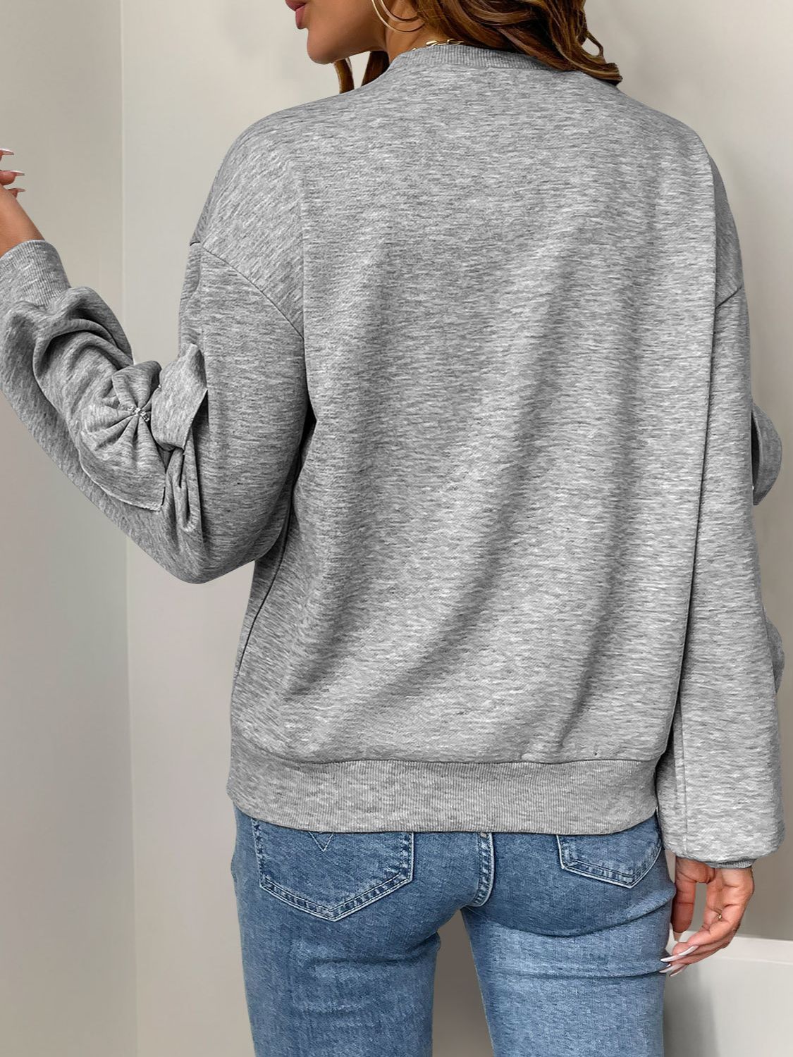 Perfee Bow Round Neck Long Sleeve Sweatshirt