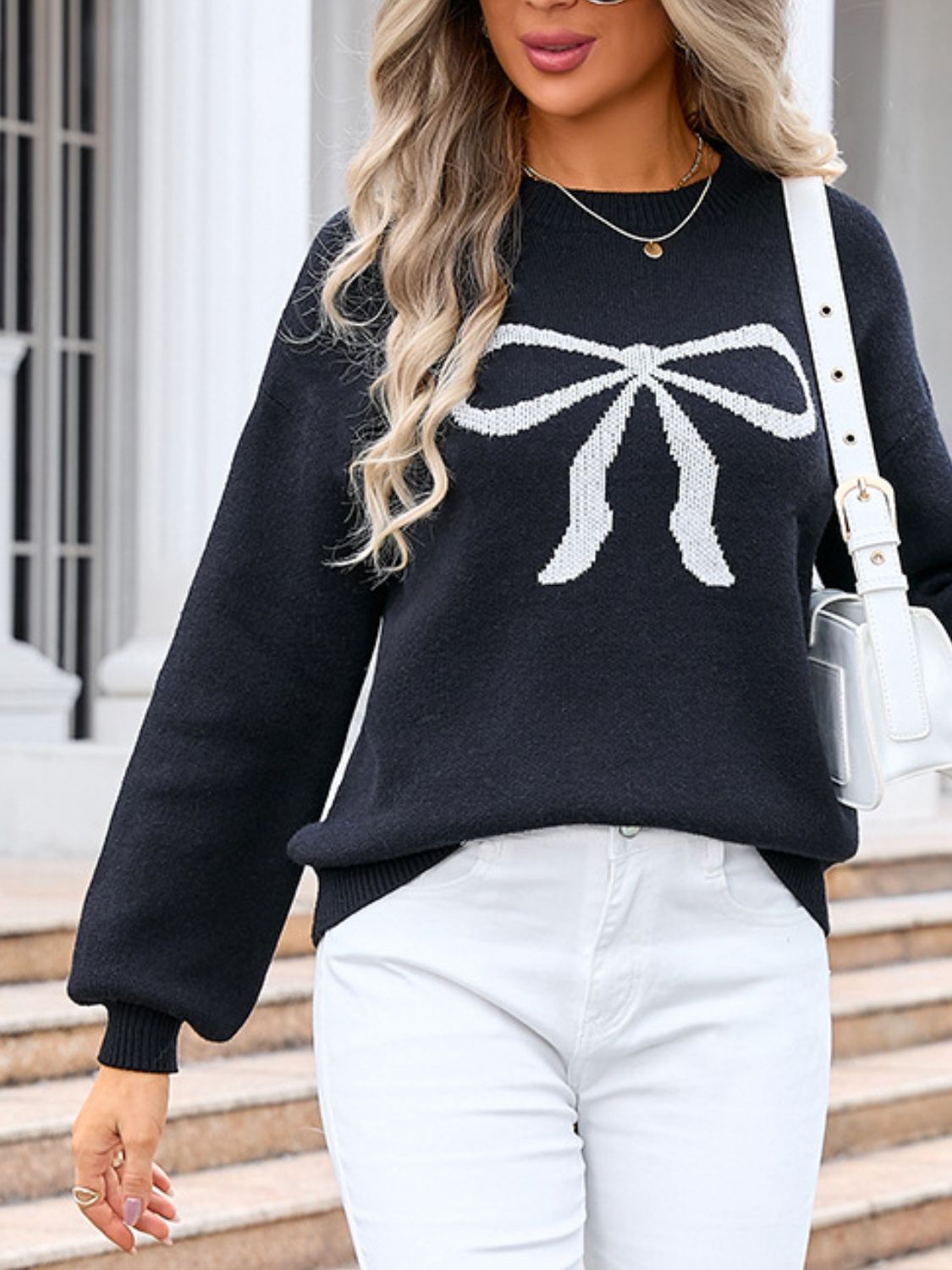 Angel Wings Bow Graphic Round Neck Long Sleeve Sweater