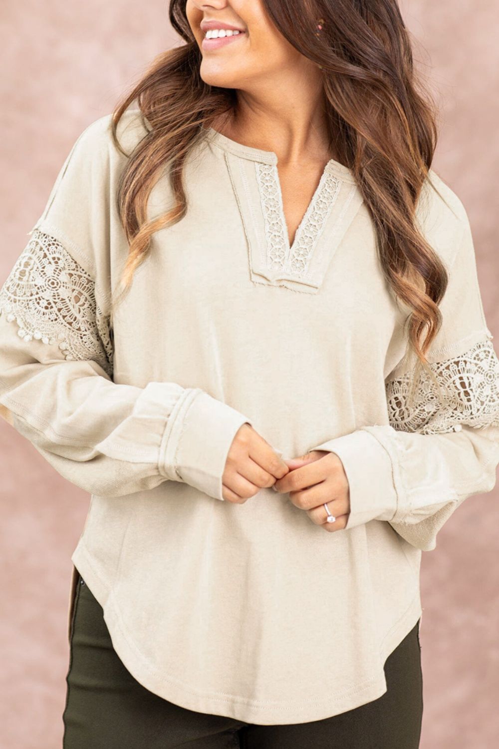 Notched Crochet Long Sleeve Sweatshirt