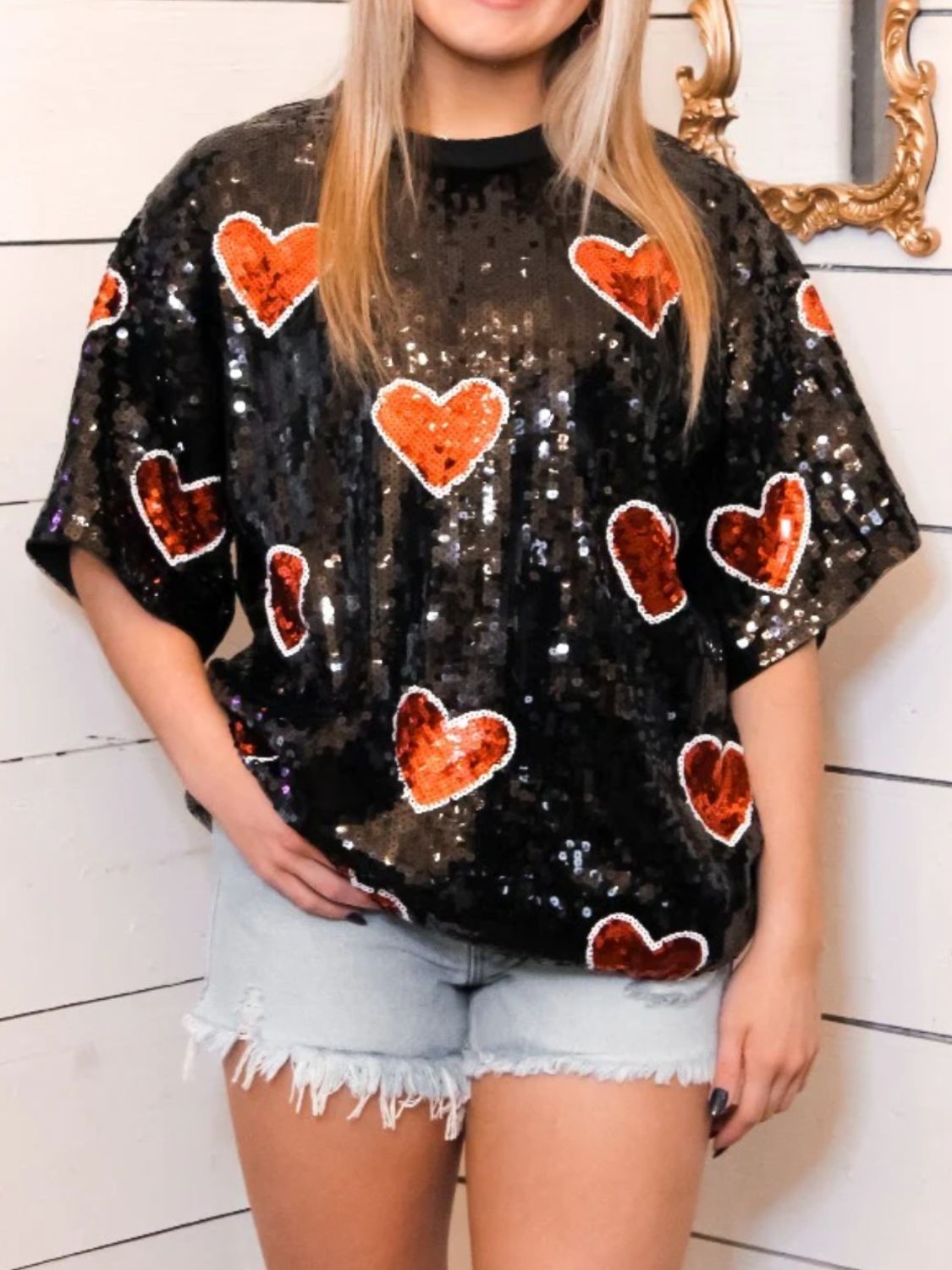 Valentine’s Day Sequin Heart Round Neck Half Sleeve Top