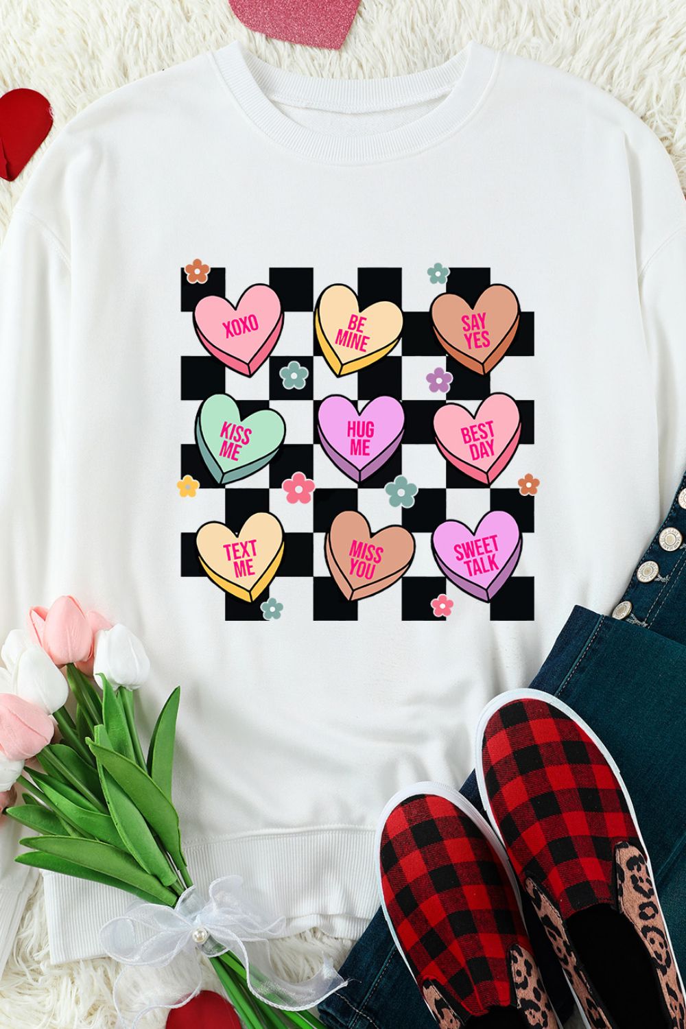 Valentine's Day Checkered Heart Long Sleeve Sweatshirt