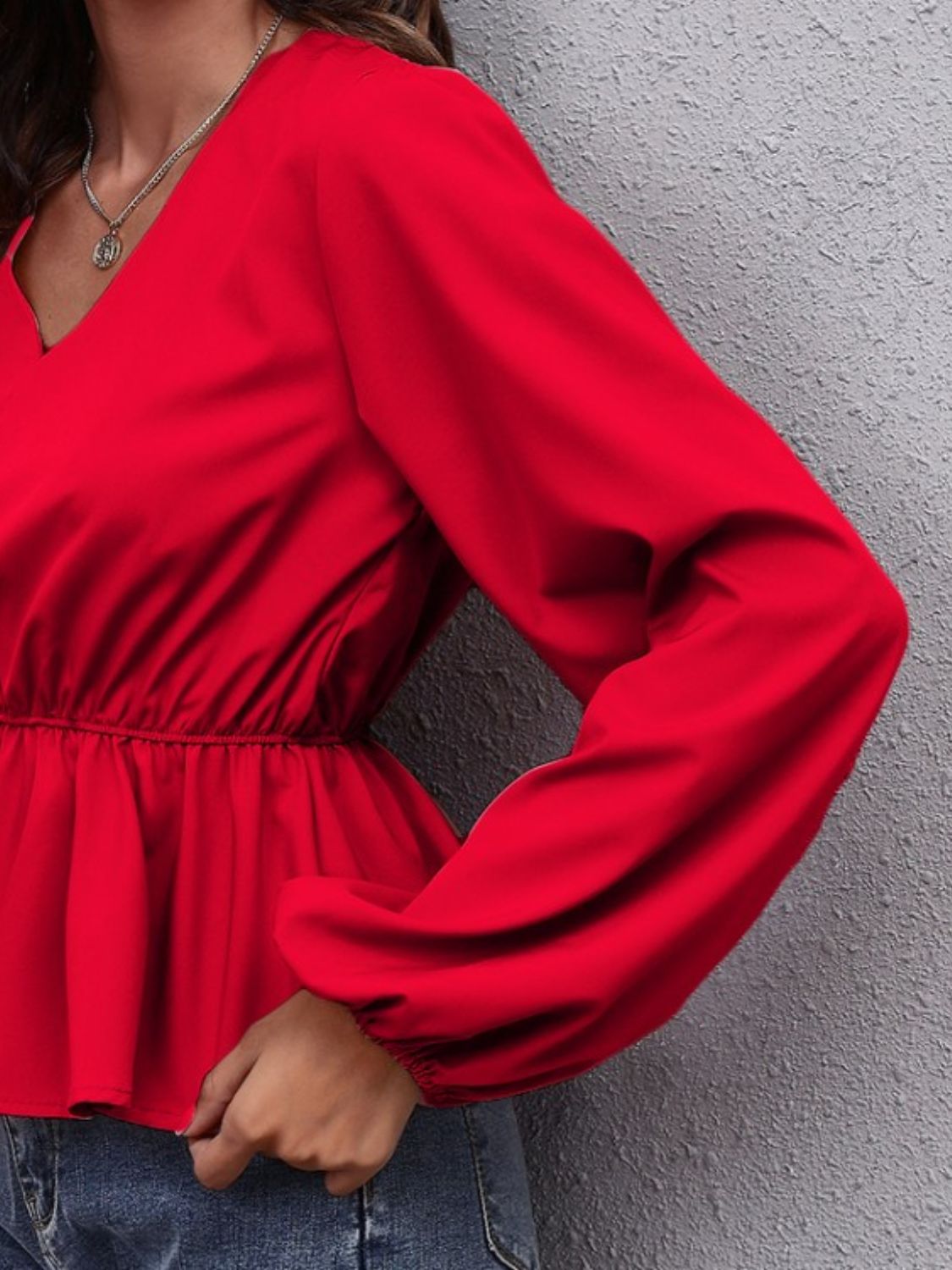 V-Neck Balloon Sleeve Peplum Blouse