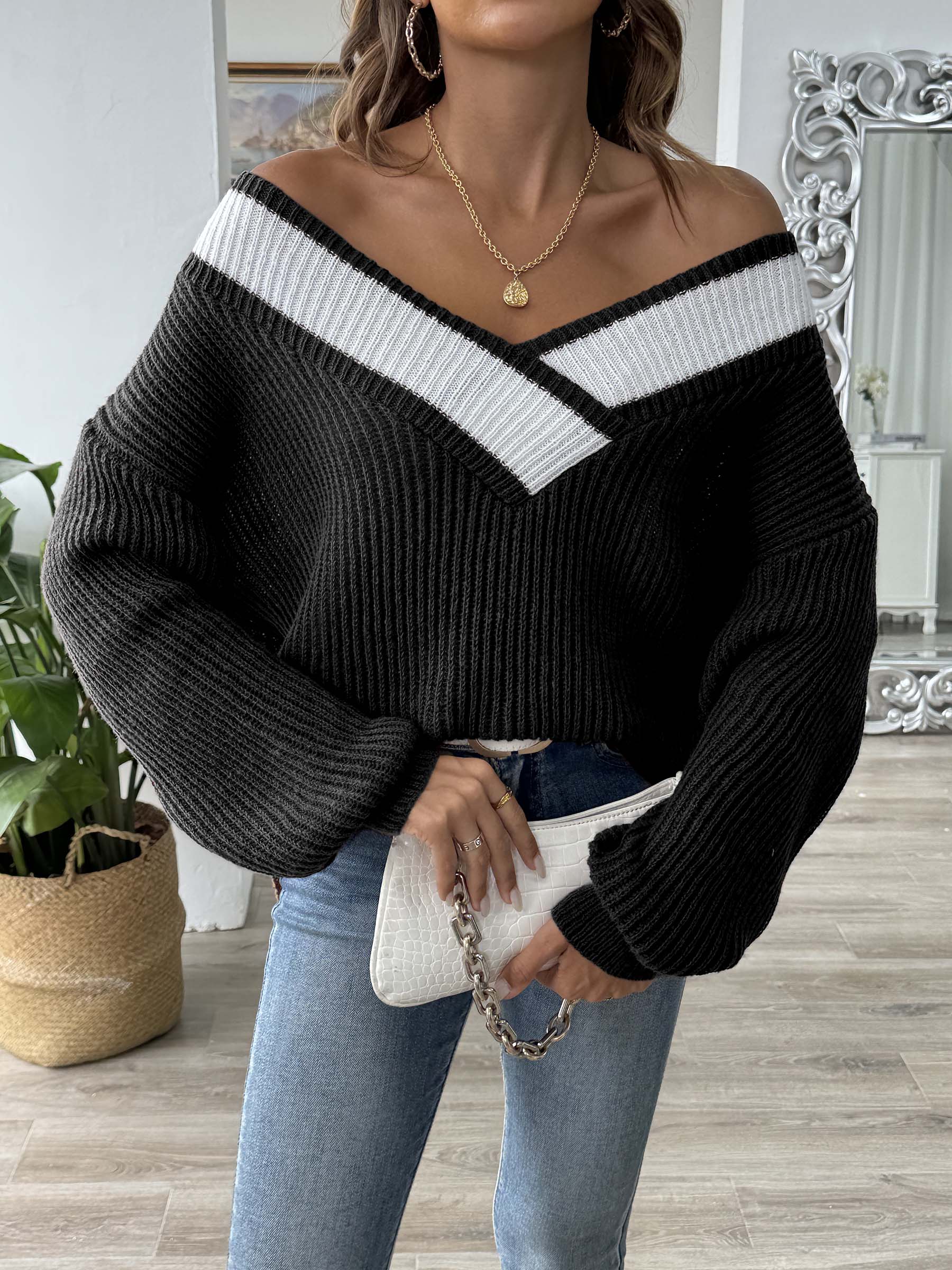 Contrast Dropped Shoulder Long Sleeve Sweater