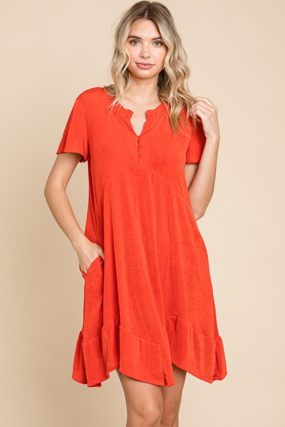 Culture Code Full Size Short Sleeve Ruffled Asymmetric Hem Dress