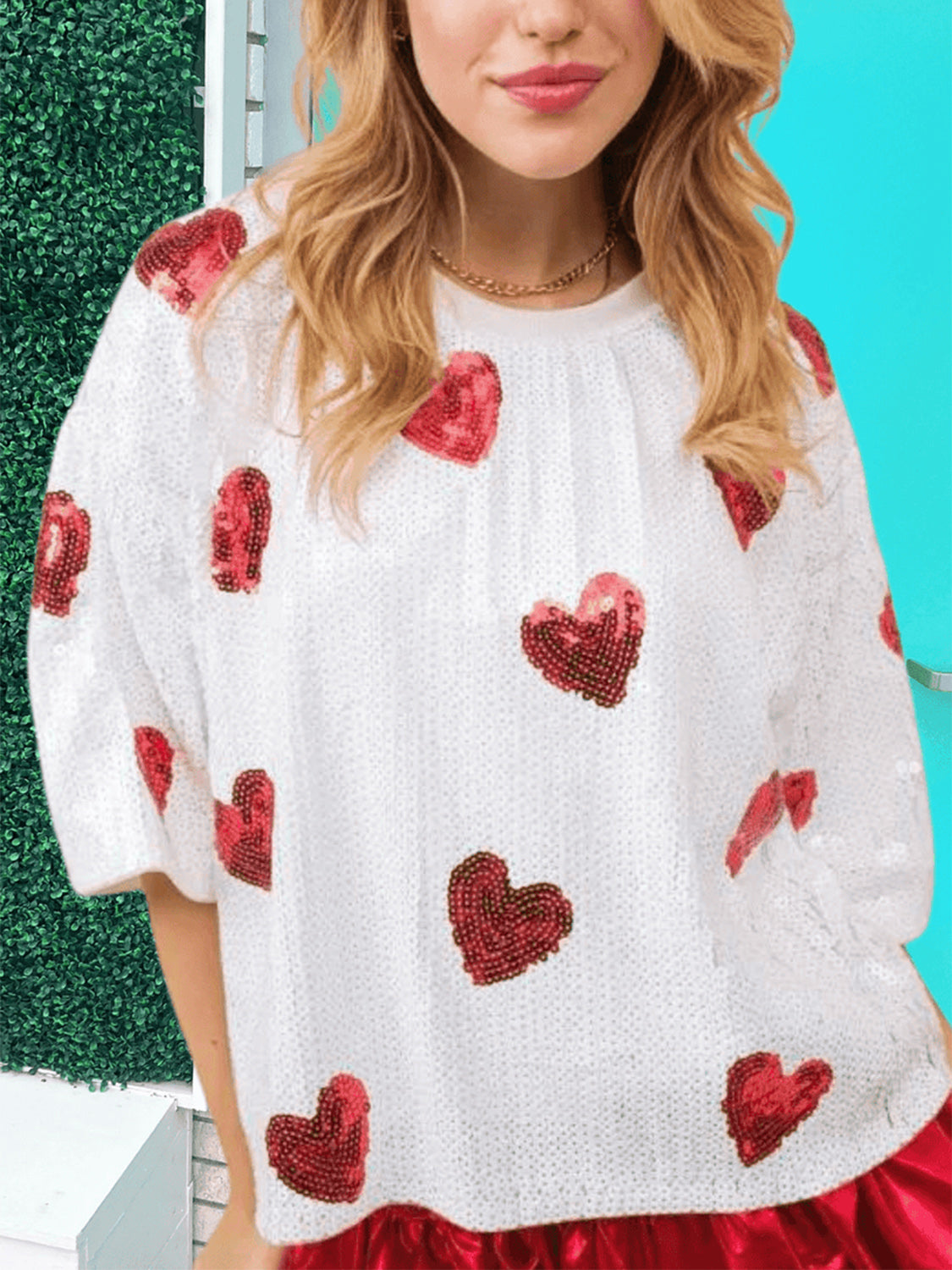 Valentine’s Day Sequin Heart Round Neck Half Sleeve Top