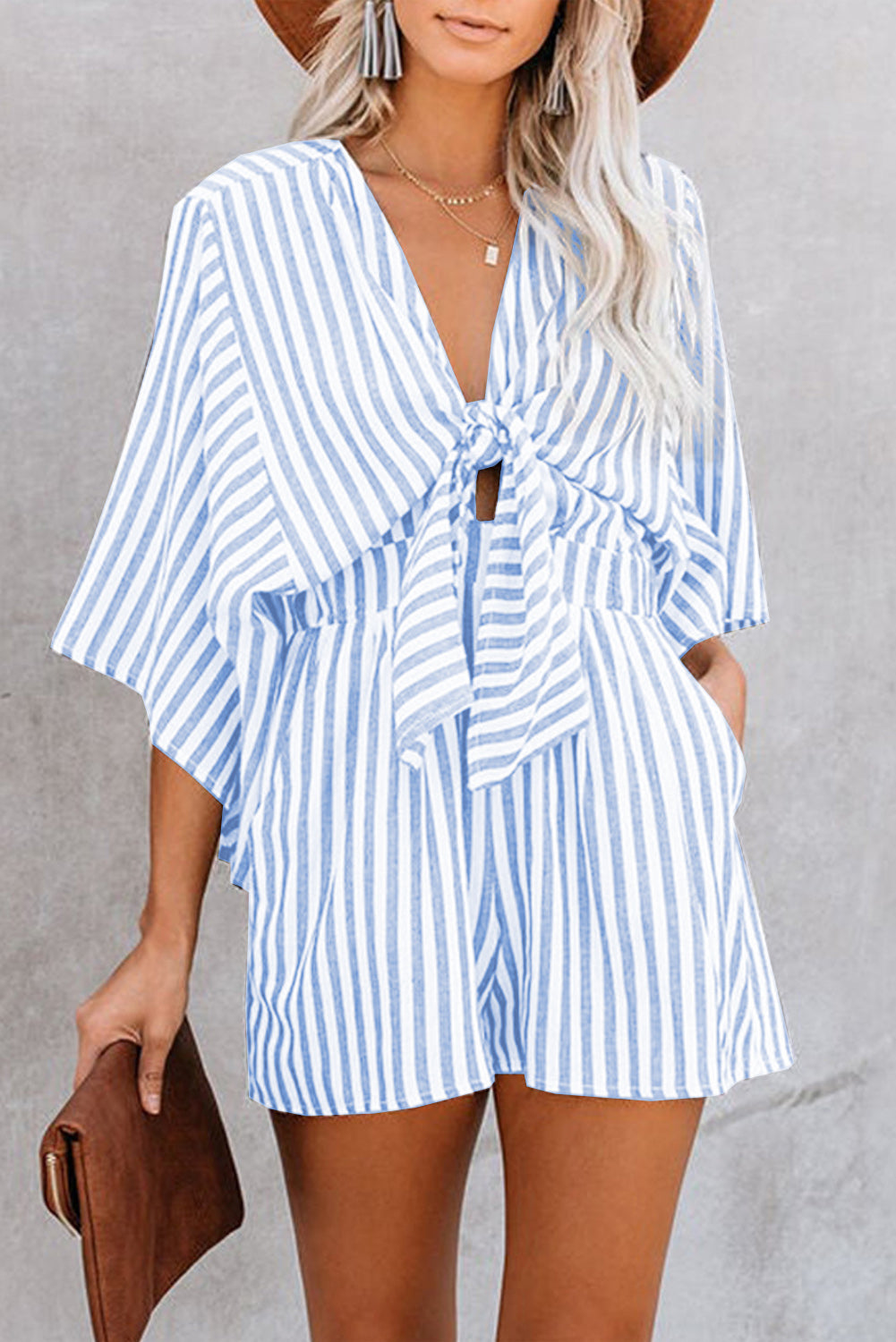 Bow Striped Kimono Sleeve Romper