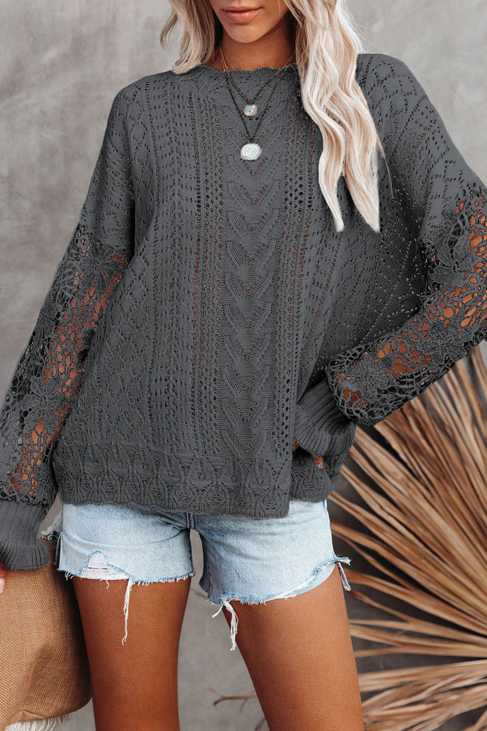 Openwork Lantern Sleeve Dropped Shoulder Sweater