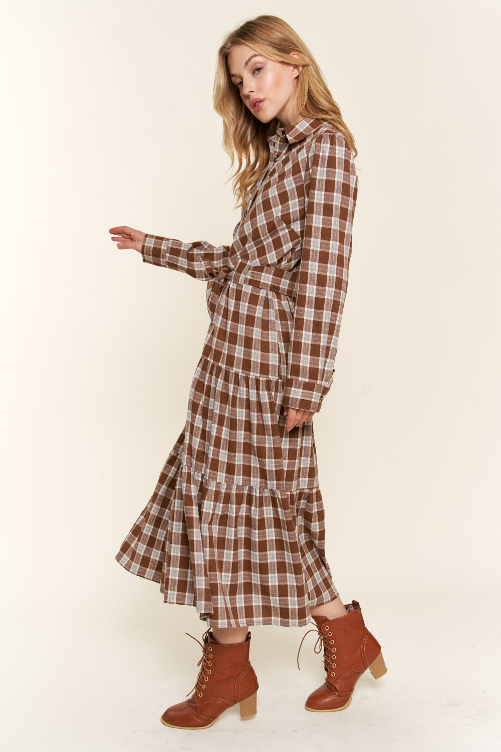 And the Why Plaid Tiered Midi Shirt Dress