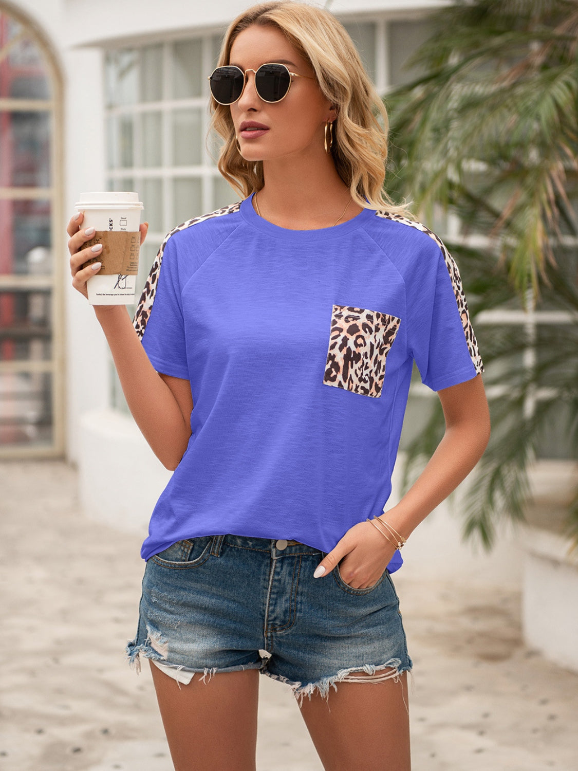 Ivy Lane Pocketed Leopard Round Neck Short Sleeve T-Shirt