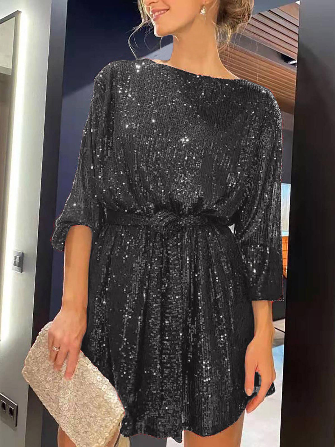 Sequin Tie Waist Long Sleeve Mini Dress