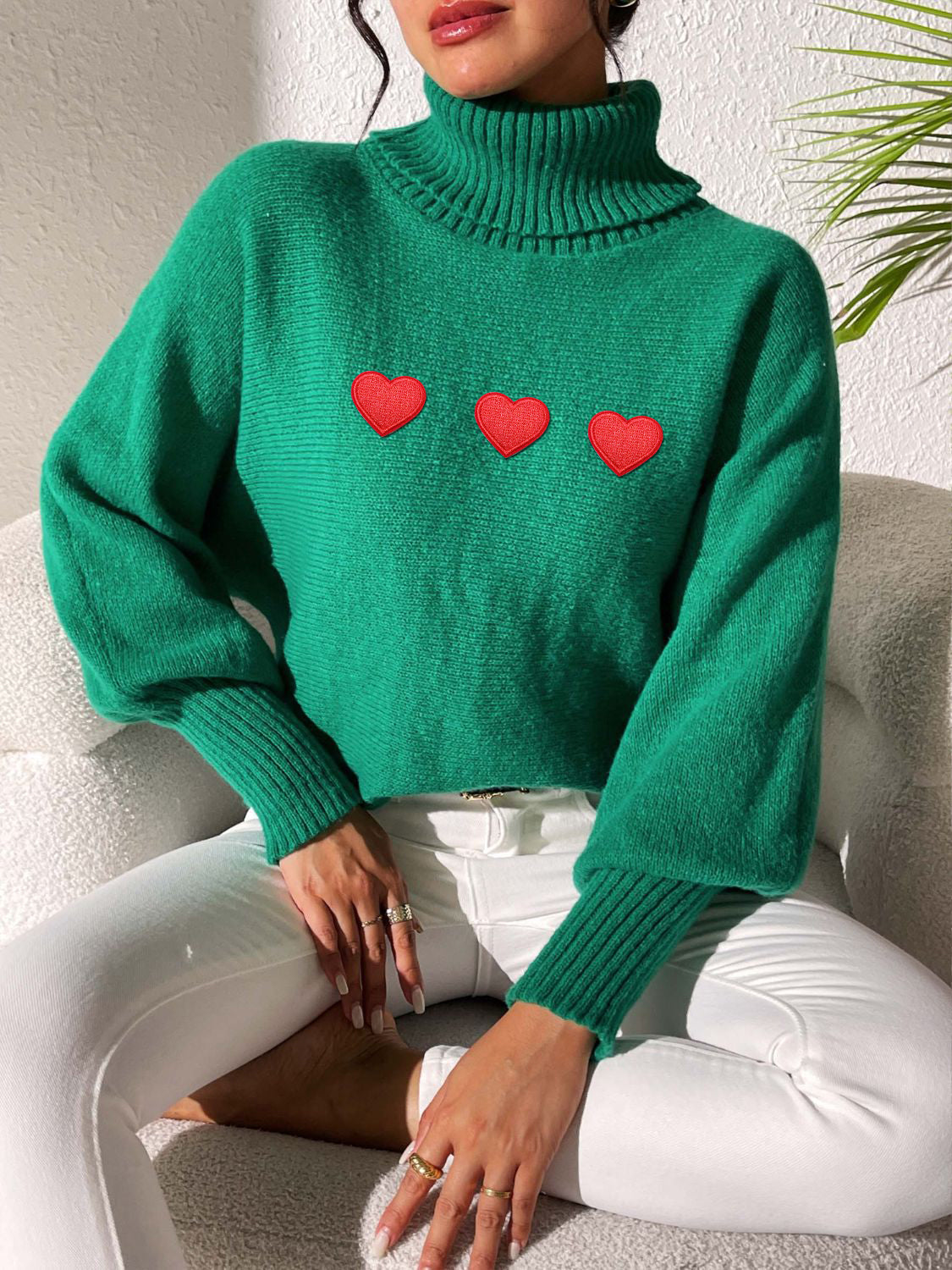 Heart Turtleneck Long Sleeve Sweater