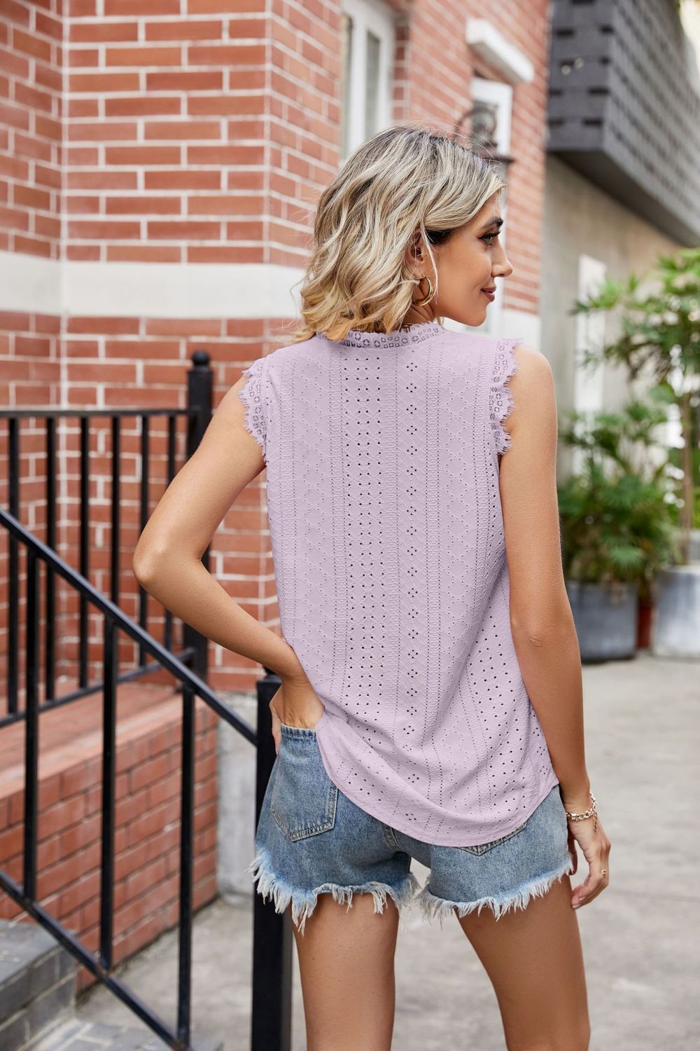 Eyelet Lace Trim Eyelash V-Neck Tank