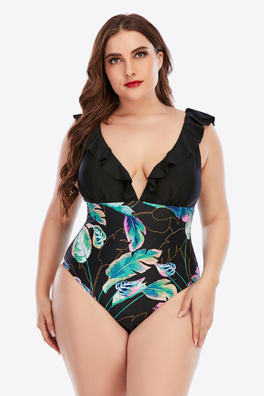 Plus Size Printed Ruffled Deep V One-Piece Swimsuit