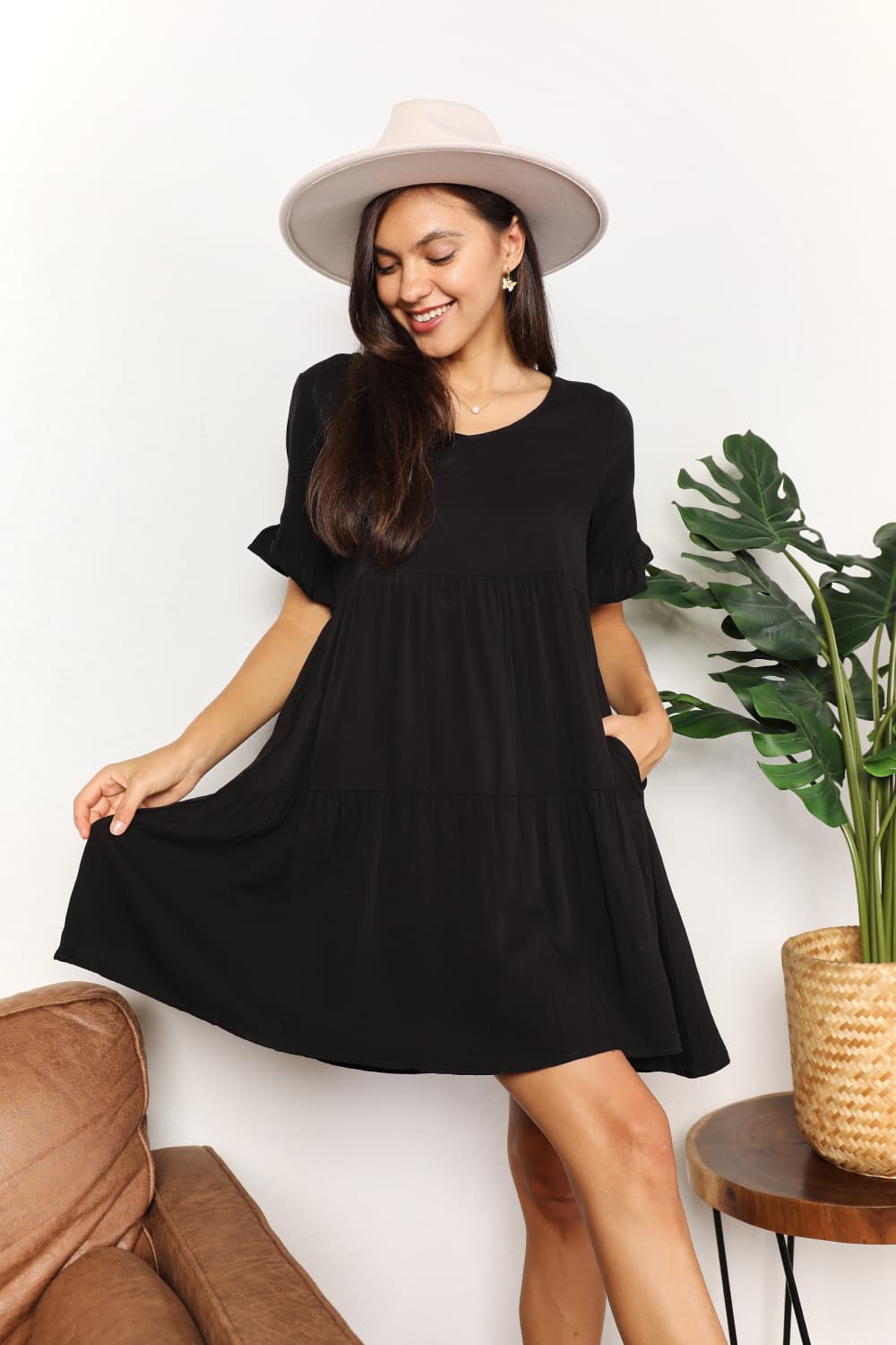 V-Neck Flounce Sleeve Tiered Dress