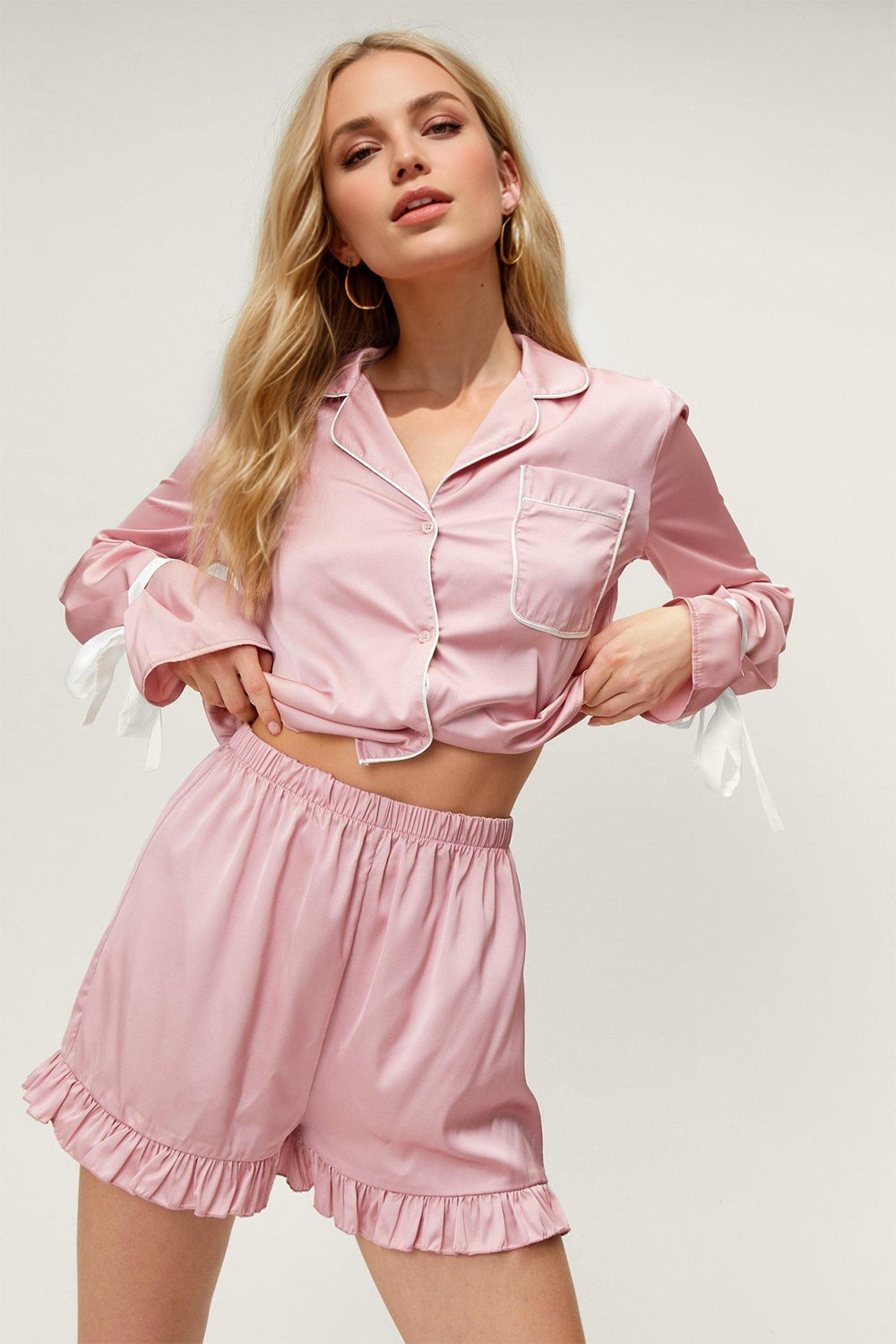 Basic Bae Tied Cuff Collared Neck Top and Frill Shorts Lounge Set