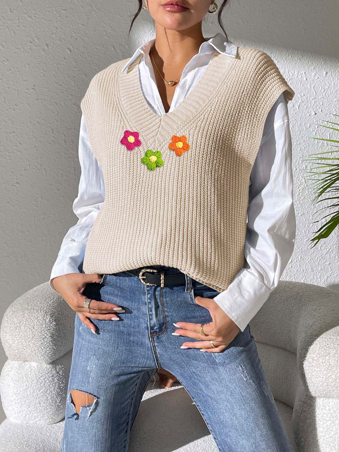 Flower V-Neck Sweater Vest