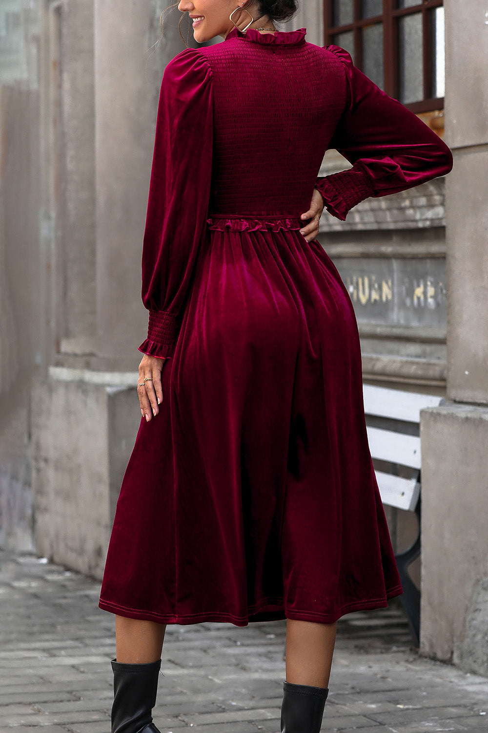 Perfee Smocked Lantern Sleeve Midi Dress