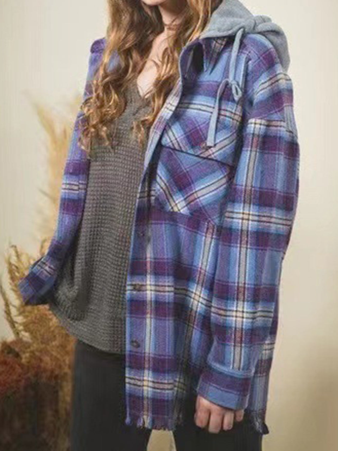 Raw Hem Plaid Long Sleeve Hooded Jacket