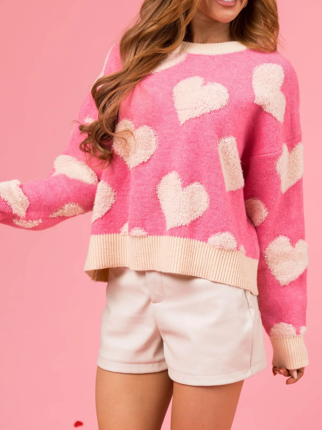 Valentine’s Day Fuzzy Heart Round Neck Long Sleeve Sweater