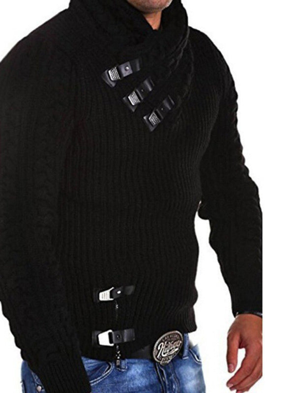 New men's sweater long sleeve leather button sweater top pullover sweater