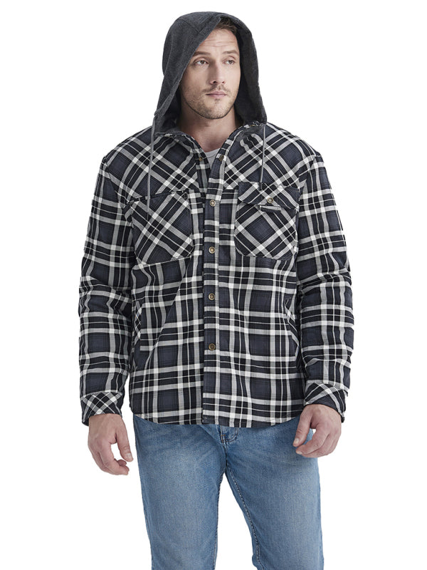 Men's plaid loose warm hooded jacket