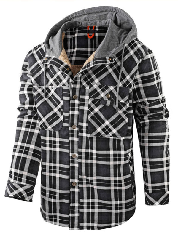 Men's plaid loose warm hooded jacket