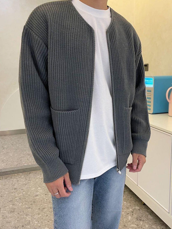 Men's solid color loose casual lazy style knitted sweater cardigan