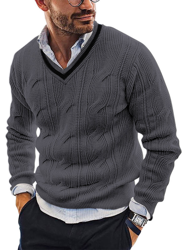 Men's Fashionable V-Neck Slim Fit Long Sleeve Knitted Sweater