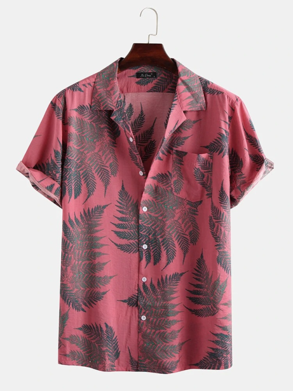 Men's Casual Loose Beach Wear Maple Leaf Print Short Sleeve Shirt