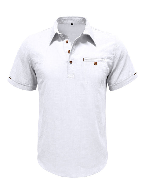 Men's casual solid color lapel short-sleeved tops