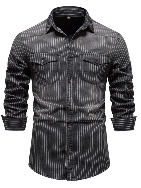 Men's Heavy Washed Distressed Striped Denim Shirt