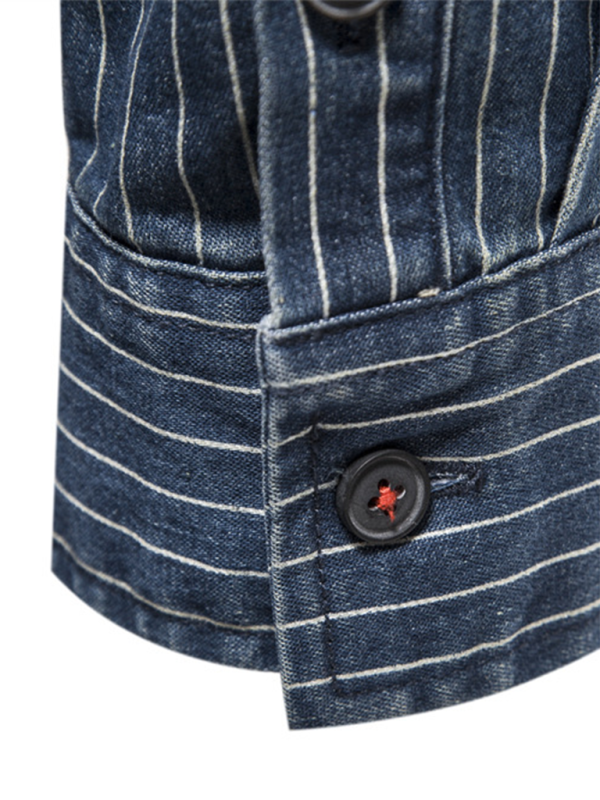 Men's Heavy Washed Distressed Striped Denim Shirt