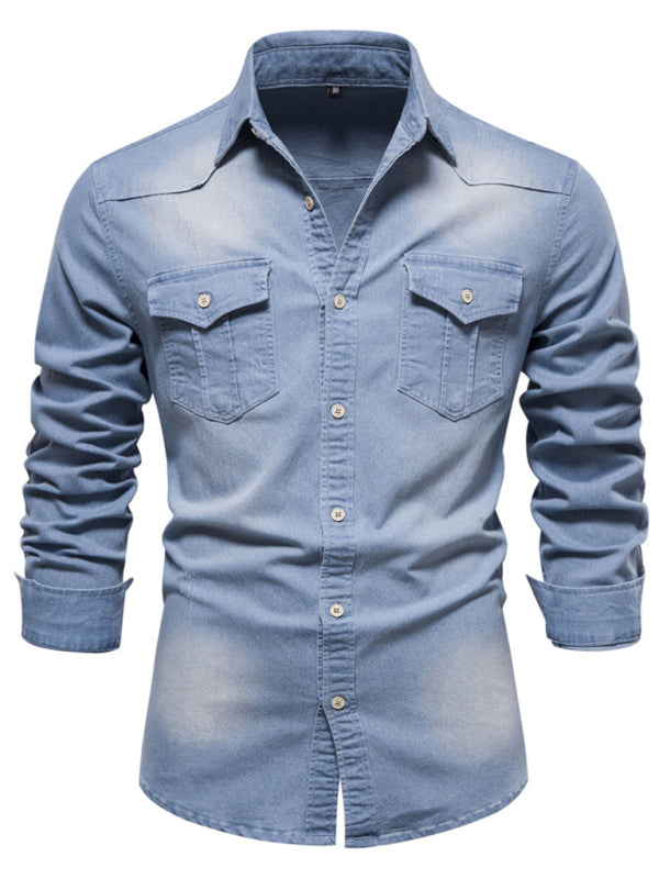 Men's casual solid color non-iron denim long-sleeved shirt