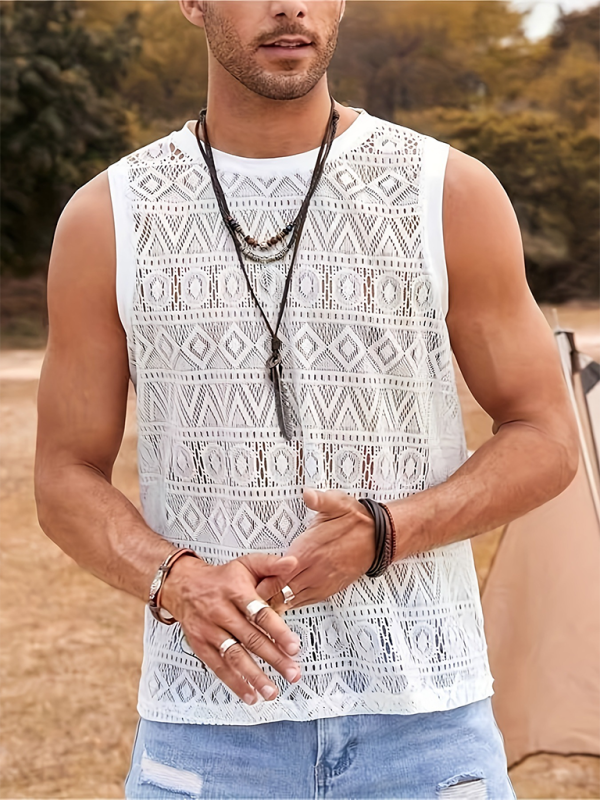 Men's Casual Hollow Sexy Vest Outdoor Holiday Beach Mesh Lace Breathable Vest