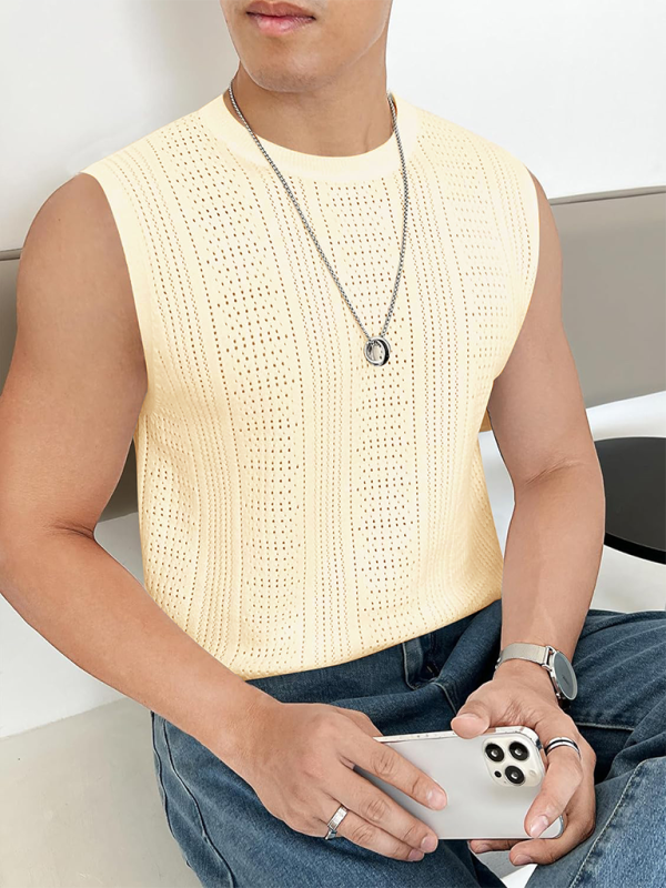 Men's new solid color sweater fashionable sleeveless top hollow breathable round neck casual vest