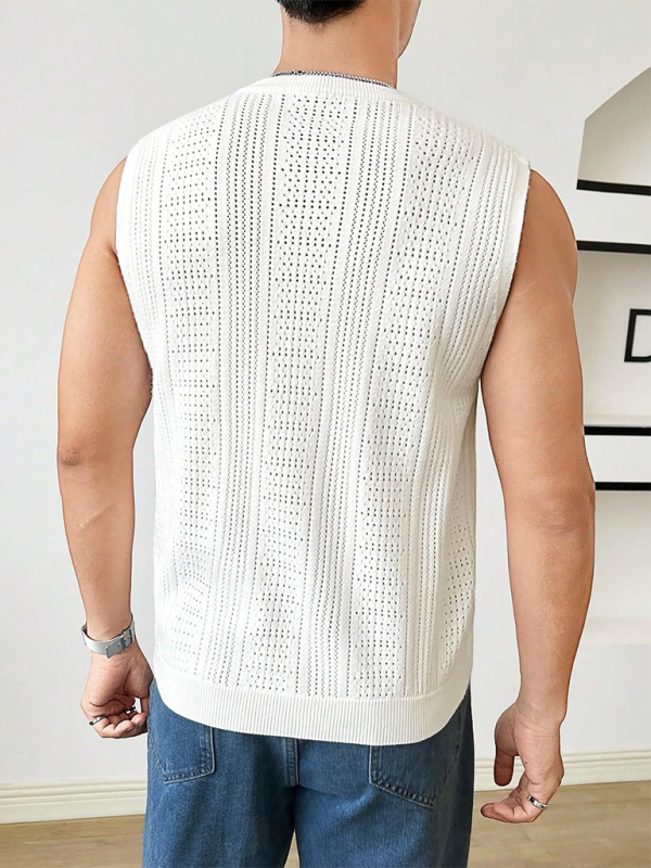 Men's new solid color sweater fashionable sleeveless top hollow breathable round neck casual vest