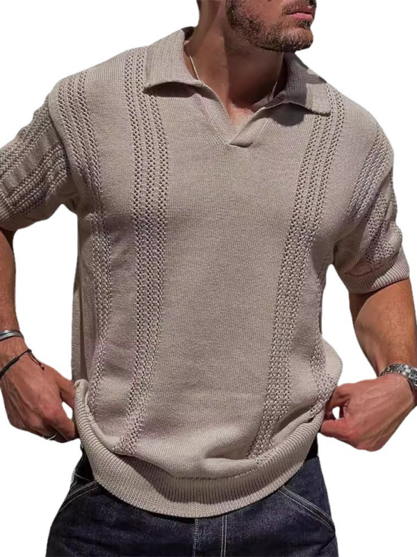 Men's Knitted POLO Shirt Short Sleeve V-Neck Loose Solid Color Top